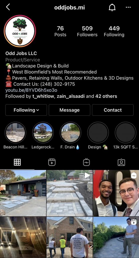 Instagram Page for Odd Jobs LLC in West Bloomfield